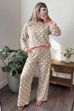Load image into Gallery viewer, Khaki Polka Dot Contrast Trim Long Sleeve Top Drawstring Shift Pants Set
