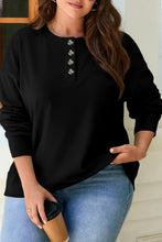 Load image into Gallery viewer, Black Solid Button Placket Crew Neck Plus Size Sweatshirt