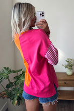 Load image into Gallery viewer, Rose Red Colorblock Gingham Sleeve Crewneck Sweatshirt