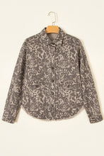 Load image into Gallery viewer, Khaki Abstract Print Long Sleeve Collar Raw Hem Denim Jacket