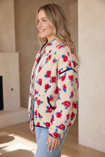 Load image into Gallery viewer, White Floral Print Zipper Stand Neck Outerwear Fleece Coat