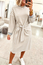 Load image into Gallery viewer, Khaki Stripe Striped Colorblock Cuffs Round Neck Long Sleeve Shift Dress
