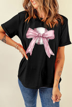 Load image into Gallery viewer, Black Baseball Bow Knot Print Round Neck T Shirt