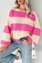 Load image into Gallery viewer, Pink Stripe Striped Colorblock Texture Drop Shoulder Sweater