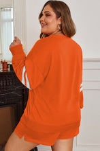 Load image into Gallery viewer, Orange Plus Size Varsity Striped Drop Shoulder Pullover Drawstring Elastic Waistband Short Set