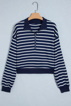 Load image into Gallery viewer, Blue Stripe Textured Knit Half Zip Collared Long Sleeve Top