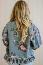 Load image into Gallery viewer, Sky Blue Floral Print Raw Seam Ruffle Hem Denim Jacket