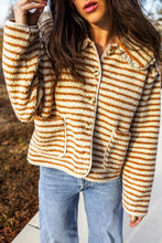 Load image into Gallery viewer, Brown Stripe Striped Fleece Button Front Long Sleeve Regular Fit Jacket