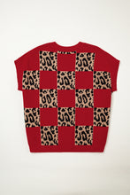 Load image into Gallery viewer, Green Plus Size Leopard Contrasted Checkered Short Sleeve Sweater