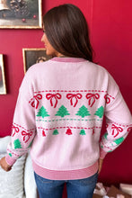 Load image into Gallery viewer, Pink Festive Holiday Print Round Neck Loose Tunic Sweater