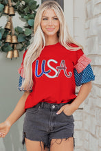 Load image into Gallery viewer, Fiery Red Sequin USA Lettering Patriotic Contrast Splicing Sleeve Top