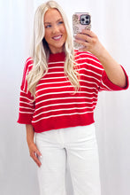 Load image into Gallery viewer, Red Stripe Dropped Shoulder Half Sleeve Relaxed Knit Sweater