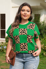 Load image into Gallery viewer, Green Plus Size Leopard Contrasted Checkered Short Sleeve Sweater