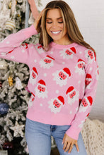 Load image into Gallery viewer, Pink Cartoon Santa Pattern Round Neck Dropped Shoulder Sweater