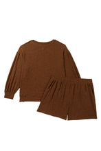 Load image into Gallery viewer, Chestnut Drop Shoulder Long Sleeve Top Elastic Waist Shorts Plus Size Set