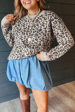 Load image into Gallery viewer, Beige Leopard Print Ribbed Color Block Trim Pullover Sweater