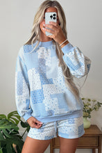 Load image into Gallery viewer, Light Pink Patchwork Floral Print Drop Shoulder Baggy Pullover Drawstring Shorts Set