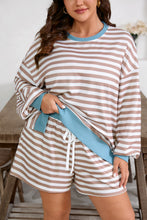 Load image into Gallery viewer, Khaki Stripe Contrast Edge Drop Shoulder Pullover and Shorts Plus Size Set
