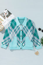 Load image into Gallery viewer, Green Plaid V Neck Long Sleeve Shift Cardigan Sweater