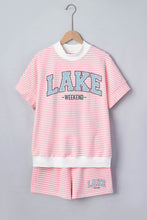 Load image into Gallery viewer, Pink Stripe Contrast Trim High Neck Short Sleeve LAKE WEEKEND 2pcs Short Set