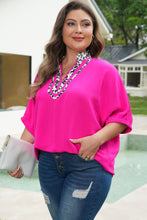 Load image into Gallery viewer, Rose Red Leopard Accent Notched Neck Plus Size Short Sleeve Top