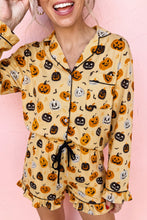 Load image into Gallery viewer, Orange Long Sleeve Ruffle Pumpkin Face Print Two Piece Lounge Set
