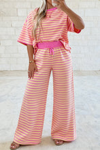 Load image into Gallery viewer, Pink Stripe Colorblock Trim Crew Neck Loose Tee Drawstring Elastic Waist 2pcs Pant Set