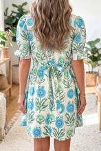 Load image into Gallery viewer, Sky Blue Floral Print Half Button Frilly Short Sleeve Dress