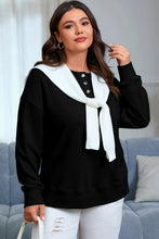 Load image into Gallery viewer, Black Solid Button Placket Crew Neck Plus Size Sweatshirt