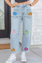 Load image into Gallery viewer, Beau Blue Sequin Pumpkin Patched Graphic Casual Shift Jeans