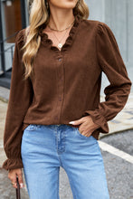 Load image into Gallery viewer, Coffee Solid Color Ruffle Trim V Neck Long Sleeve Button Corduroy Shakcet