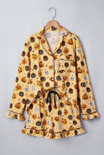 Load image into Gallery viewer, Orange Long Sleeve Ruffle Pumpkin Face Print Two Piece Lounge Set