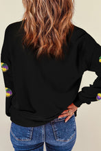 Load image into Gallery viewer, Black Sequined Donuts of Mardi Gras Colors Drop Shoulder Sweatshirt