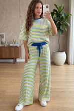 Load image into Gallery viewer, Pink Stripe Colorblock Trim Crew Neck Loose Tee Drawstring Elastic Waist 2pcs Pant Set