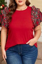 Load image into Gallery viewer, Racing Red Plaid Pearl Ruffled Short Sleeve Knitted Christmas Holiday Plus Size T-shirt