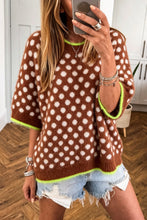 Load image into Gallery viewer, Coffee Polka Dot Contrast Trim Round Neck Half Sleeve Sweater