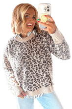 Load image into Gallery viewer, Beige Leopard Print Ribbed Color Block Trim Pullover Sweater