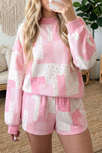 Load image into Gallery viewer, Light Pink Patchwork Floral Print Drop Shoulder Baggy Pullover Drawstring Shorts Set
