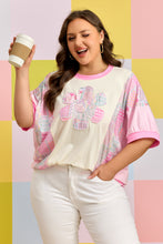 Load image into Gallery viewer, Beige Plus Size Floral Patchwork Short Sleeve Patch Embroidery Cotton T Shirt
