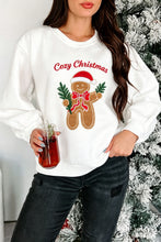 Load image into Gallery viewer, White Embroidered Gingerbread Cozy Christmas Long Sleeve Round Neck Pullover Sweatshirt