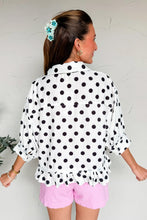 Load image into Gallery viewer, White Polka Dot Print Three Quarter Sleeve Ruffle Hem Casual Shirt