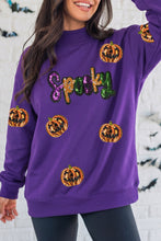 Load image into Gallery viewer, Tillandsia Purple Sequin Pumpkin Spooky Graphic Halloween Pullover Sweatshirt