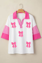 Load image into Gallery viewer, White Sequin Bow Pattern Striped Color Block Collar Half Sleeve Shift Top