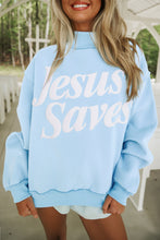 Load image into Gallery viewer, Mist Blue Jesus Saves Slogan Print Stand Neck Baggy Sweatshirt