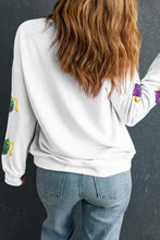 Load image into Gallery viewer, White Sequined Mardi Gras Mask Pattern Drop Shoulder Sweatshirt