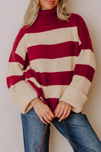 Load image into Gallery viewer, Red Stripe Ribbed Trim High Neck Relaxed Pullover Sweater