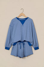 Load image into Gallery viewer, Blue Stripe Oversized Long Sleeve Top Drawstring Loose Shorts 2pcs Set