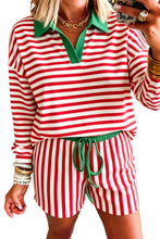 Load image into Gallery viewer, Red Stripe Colorblock Trim Polo Collar Drawstring Elastic Waist Band Casual 2pcs Outfit