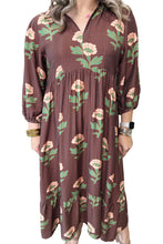 Load image into Gallery viewer, Brown Floral Print V-Neck Long Sleeve Loose Shift Plus Size Dress