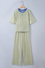 Load image into Gallery viewer, Pink Stripe Colorblock Trim Crew Neck Loose Tee Drawstring Elastic Waist 2pcs Pant Set